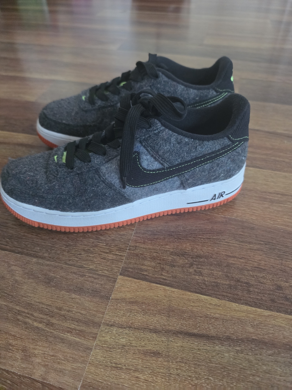 Nike Air Force 1 Low Gray Wool Sneakers with Black & Orange Accents